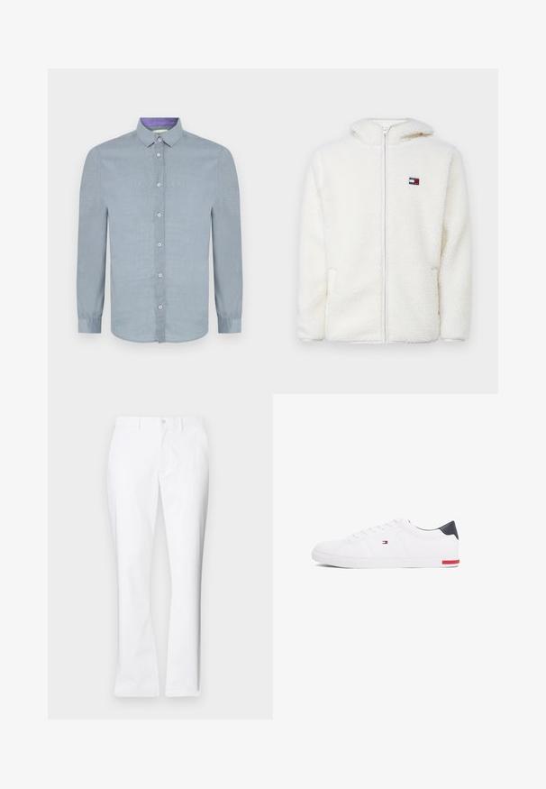 White fleece zip-up hoodie with a soft texture, featuring a hood and side pockets. Small logo on the left chest. Smooth zip closure.; Light blue long-sleeve shirt with a button-down collar, front buttons, and a smooth texture. Inner collar features a contrasting purple accent.; White cotton trousers with a straight-leg design, front pockets, a single button closure, and a smooth texture.; White low-top sneakers made of smooth leather. Features a navy heel cap and a red accent on the sole. Six eyelets for laces.