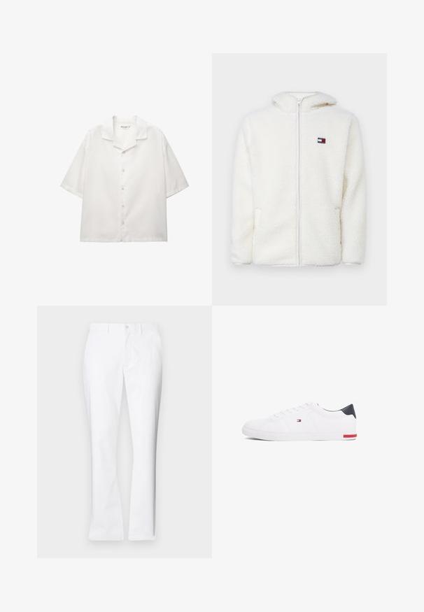 Valkoinen fleece-zip-up-huppari pehmeällä tekstuurilla, jossa on huppu ja sivutaskut. Pieni logo vasemmassa rinnassa. Sujuva vetoketjusulku.; Lyhyet hihat, avokolarinen paitapusero valkoisesta puuvillasta. Varustettu nappikiinnityksellä tavanomaisilla napeilla ja rentoa istuvuutta.; Valkoiset puuvillahousut suoralla lahkeella, etutaskuilla, yhdessä napilla suljettuna ja sileällä pinnalla.; Valkoiset matalat tennarit, joissa on sileä nahka. Ominaisuuksiin kuuluu laivastonsininen kantapää ja punainen yksityiskohta pohjassa. Kuusi reikää nauhoille.