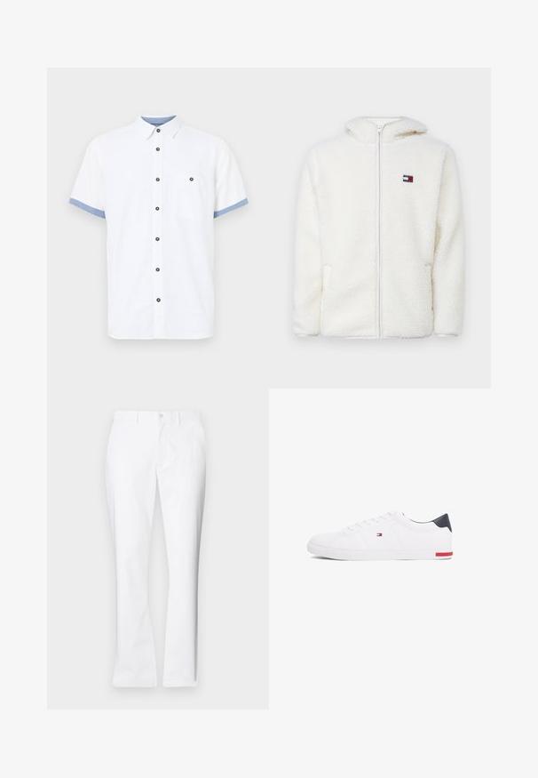 Valge fliist kapuutsiga jaki siredas tekstuuris, mis sisaldab kapuutsi ja küljetaskuid. Väike logo vasakul rinnal. Sile lukuga sulgemine.; Lühikeste varrukatega valge särk, puuvillane kangas, nööpidega disain, sinised aktsendid varrukatel, üks rinnaäärne tasku, viis tumedat nööpi.; Valged puuvillased püksid otsekülje disainiga, ees pooled taskud, üksainus nööp kinnitamiseks ja sujuv tekstuur.; Valged madalad tennisetossud, mis on valmistatud siledast nahast. Contains sinine kannaosa ja punase aktsendi kummipohjal. Kuus silmust paelte jaoks.