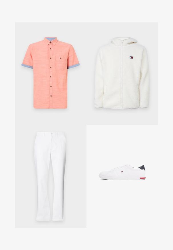 Bela flis zip-up kapuca z mehkim teksturama, ki vključuje kapuco in stranske žepe. Majhna znamka na levem prsnem delu. Gladek zadrgo.; Kratek rokav s srajčnim gumbom v koralni barvi, z modrimi ovratniki in poudarki na manšetah, z žepom na zalogi in rjavimi gumbi. Teksturna tkanina.; Beli bombažni hlače s ravnim krojem, sprednjimi žepi, z enim gumbom in gladko teksturo.; Beli nizki športni čevlji iz gladkega usnja. Imajo mornarsko modro zaščito na peti in rdeč poudarek na podplatu. Šest lukenj za vezalke.