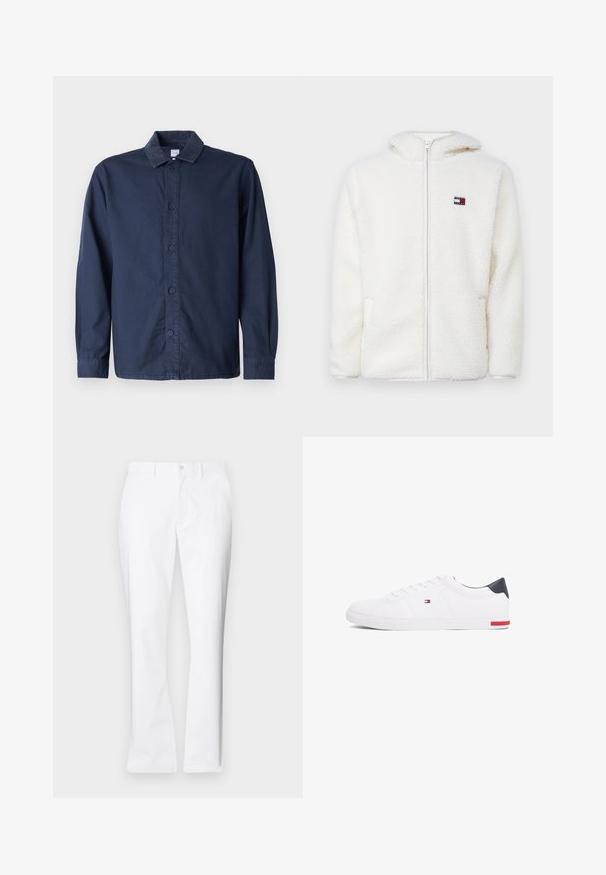 Hanorac alb din fleece, cu fermoar, având o textură moale, cu glugă și buzunare laterale. Logo mic pe pieptul stâng. Închidere cu fermoar neted.; Cămașă bleumarin cu nasturi, guler din catifea, mâneci lungi și tiv drept. Fabricată dintr-un material neted, respirabil.; Pantaloni albi din bumbac cu un design drept, buzunare frontale, închidere cu un singur buton și o textură netedă.; Adidași albi cu vârf jos, din piele netedă. Prezintă un toc albastru marine și un accent roșu pe talpă. Șase gauri pentru șireturi.