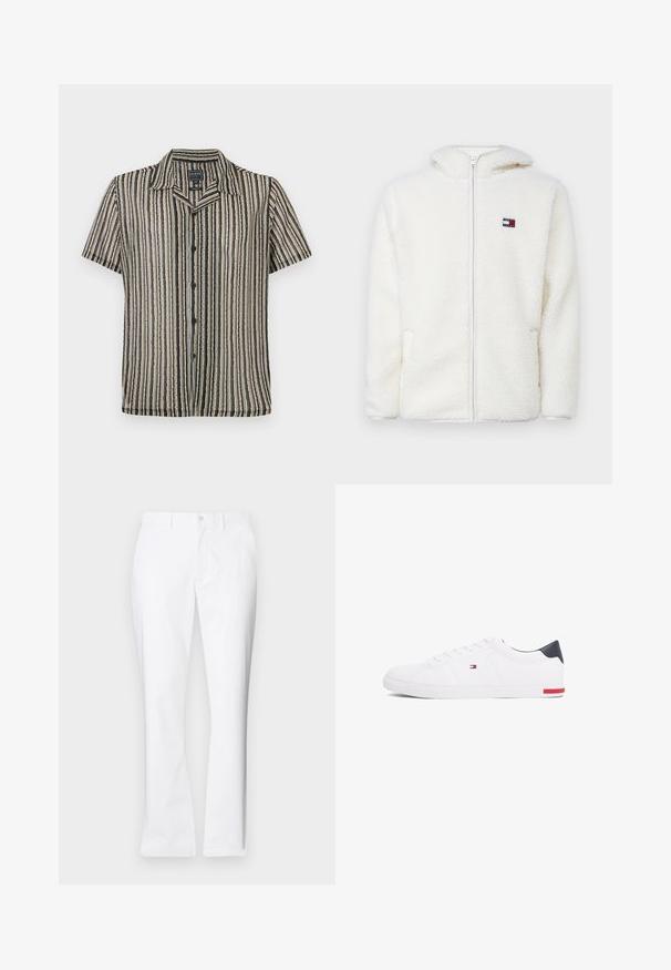 Sudadera con cremallera blanca de felpa, con una textura suave, que cuenta con una capucha y bolsillos laterales. Pequeño logo en el lado izquierdo del pecho. Cierre de cremallera suave.; Camisa de manga corta con botones y un patrón a rayas en tonos apagados de beige, negro y gris. Presenta un cuello tipo campamento y un corte relajado.; Pantalones de algodón blancos con un diseño de pierna recta, bolsillos frontales, un cierre de botón único y una textura suave.; Zapatillas bajas blancas de piel suave. Presentan una capucha en el talón de color marino y un acento rojo en la suela. Seis ojales para los cordones.