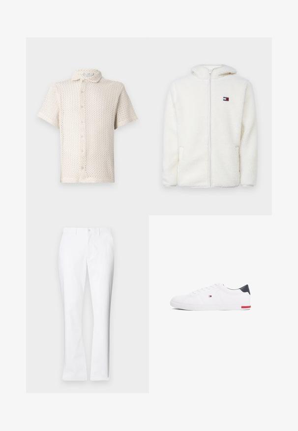 Hvit fleece zip-up hettejakke med myk tekstur, har hette og sidelommer. Liten logo på venstre bryst. Glatt glidelås-lukking.; Kortermet, lys beige skjorte med knapper laget av teksturert, åpenstrikket stoff med krage og fem knapper foran.; Hvite bomullsbukser med rett ben-design, frontlommer, enkelt knappelukking og en jevn tekstur.; Hvite lave sneakers laget av glatt lær. Har en marineblå hælhette og en rød detalj på sålen. Seks hull til lisser.