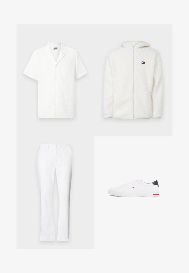 Hvit fleece zip-up hettejakke med myk tekstur, har hette og sidelommer. Liten logo på venstre bryst. Glatt glidelås-lukking.; Kortermet hvit skjorte laget av lett stoff, med krage og fem frontknapper, med en jevn tekstur. Ingen mønstre eller detaljer.; Hvite bomullsbukser med rett ben-design, frontlommer, enkelt knappelukking og en jevn tekstur.; Hvite lave sneakers laget av glatt lær. Har en marineblå hælhette og en rød detalj på sålen. Seks hull til lisser.