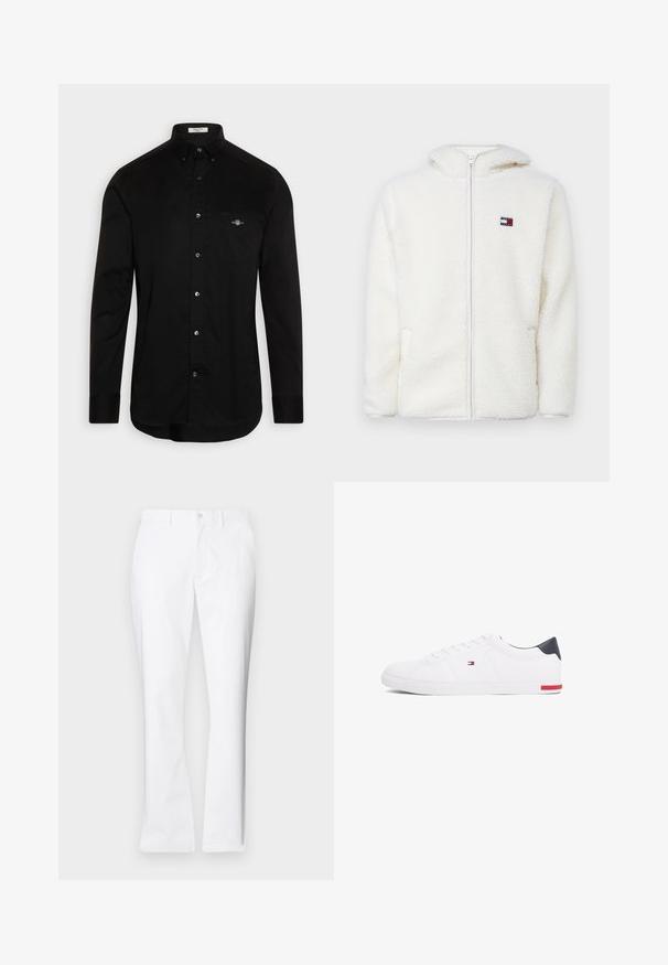 Witte fleece zip-up hoodie met een zachte textuur, voorzien van een capuchon en zijzakken. Klein logo op de linkerkant van de borst. Glad rits sluiting.; Zwarte overhemd met knopen, gemaakt van katoen, met een puntkraag, lange mouwen en een borstzak met een klein logo in kleur gestikt.; Witte katoenen broek met een recht model, voorkwasten, een enkele knoopsluiting en een gladde textuur.; Witte lage sneakers gemaakt van glad leer. Beschikt over een marineblauwe hielkap en een rode accent op de zool. Zes oogjes voor veters.