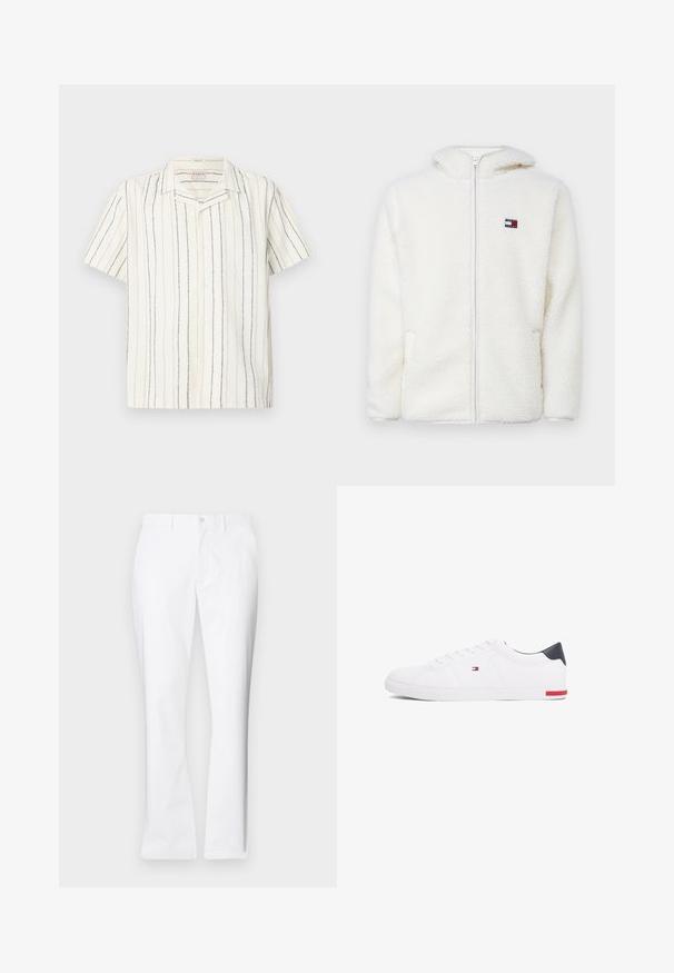 Biely fleecový zipsový mikina s jemnou textúrou, s kapucňou a bočnými vreckami. Malé logo na ľavej hrudi. Hladký zipsový uzáver.; Krátky rukáv, biela košeľa na gombíky s vertikálnymi čiernymi a béžovými pruhmi a golierom typu kamp, zobrazená na svetlom rovnom pozadí.; Biele bavlnené nohavice so strihom rovného nohavice, prednými vreckami, jednom gombíkovým zapínaním a hladkou textúrou.; Biele nízkoprevádzkové tenisky vyrobené z hladkej kože. Majú námornícke zadočnú časť a červený akcent na podrážke. Šesť dierok na šnúrky.