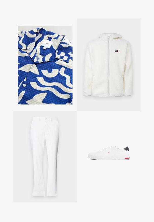 Valkoinen fleece-zip-up-huppari pehmeällä tekstuurilla, jossa on huppu ja sivutaskut. Pieni logo vasemmassa rinnassa. Sujuva vetoketjusulku.; Lyhythihainen paita kudotusta kankaasta, jossa on sinivalkoinen abstrakti kuvio, tavallinen kaulus ja yksi nappi edessä.; Valkoiset puuvillahousut suoralla lahkeella, etutaskuilla, yhdessä napilla suljettuna ja sileällä pinnalla.; Valkoiset matalat tennarit, joissa on sileä nahka. Ominaisuuksiin kuuluu laivastonsininen kantapää ja punainen yksityiskohta pohjassa. Kuusi reikää nauhoille.