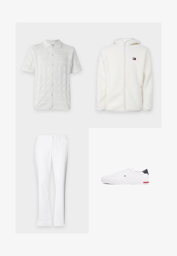 Felpa bianca con zip in pile, dal texture morbido, con cappuccio e tasche laterali. Piccolo logo sul lato sinistro del petto. Chiusura a zip liscia.; Camicia bianca a maniche corte con un motivo a griglia testurizzata e piccole perforazioni, dotata di un colletto e cinque bottoni frontali.; Pantaloni di cotone bianchi con un design a gamba dritta, tasche frontali, chiusura con un bottone e una texture liscia.; Sneakers bianchi a punta bassa realizzati in pelle liscia. Presentano una tomaia blu navy sul tallone e un accento rosso sulla suola. Sei occhielli per i lacci.