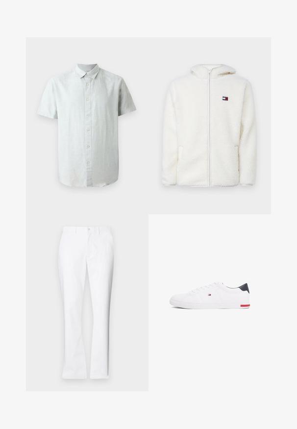 Bela flis zip-up kapuca z mehkim teksturama, ki vključuje kapuco in stranske žepe. Majhna znamka na levem prsnem delu. Gladek zadrgo.; Svijetlo siva, kratkosleevena lanena košulja s dugmadi na kragen i prednjim dugmadi za zatvaranje, s suptilnom teksturom i opuštenim krojem.; Beli bombažni hlače s ravnim krojem, sprednjimi žepi, z enim gumbom in gladko teksturo.; Beli nizki športni čevlji iz gladkega usnja. Imajo mornarsko modro zaščito na peti in rdeč poudarek na podplatu. Šest lukenj za vezalke.