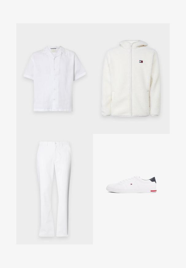 Sudadera con cremallera blanca de felpa, con una textura suave, que cuenta con una capucha y bolsillos laterales. Pequeño logo en el lado izquierdo del pecho. Cierre de cremallera suave.; Camisa blanca de manga corta hecha de lino liviano, con cuello de campamento y cierre frontal de botones decorativos.; Pantalones de algodón blancos con un diseño de pierna recta, bolsillos frontales, un cierre de botón único y una textura suave.; Zapatillas bajas blancas de piel suave. Presentan una capucha en el talón de color marino y un acento rojo en la suela. Seis ojales para los cordones.