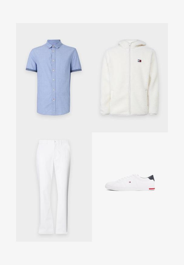 Valge fliist kapuutsiga jaki siredas tekstuuris, mis sisaldab kapuutsi ja küljetaskuid. Väike logo vasakul rinnal. Sile lukuga sulgemine.; Heled sinise lühikese varrukaga särk, millel on nööpidest kaelus, helepruunid nööd ning tumedam sinine ääreosa varrukatel.; Valged puuvillased püksid otsekülje disainiga, ees pooled taskud, üksainus nööp kinnitamiseks ja sujuv tekstuur.; Valged madalad tennisetossud, mis on valmistatud siledast nahast. Contains sinine kannaosa ja punase aktsendi kummipohjal. Kuus silmust paelte jaoks.