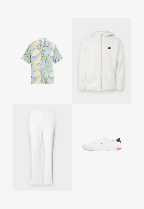Bela flis zip-up kapuca z mehkim teksturama, ki vključuje kapuco in stranske žepe. Majhna znamka na levem prsnem delu. Gladek zadrgo.; Kratka majica s kratkimi rokavi, izdelana iz lahkega blaga v pastelnih barvah, z abstraktnimi listnatimi vzorci in z gumbom spredaj.; Beli bombažni hlače s ravnim krojem, sprednjimi žepi, z enim gumbom in gladko teksturo.; Beli nizki športni čevlji iz gladkega usnja. Imajo mornarsko modro zaščito na peti in rdeč poudarek na podplatu. Šest lukenj za vezalke.