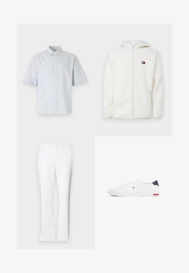 Bílá fleecová mikina na zip s měkkou texturou, obsahující kapuci a postranní kapsy. Malé logo na levém prsu. Hladký zip.; Světle modrá košile s krátkým rukávem na knoflíky, vyrobená z bavlny, s klasickým límcem, předním zapínáním na knoflíky a uvolněným střihem.; Bílé bavlněné kalhoty s rovnými nohavicemi, předními kapsami, jednoduchým zapínáním na knoflík a hladkým povrchem.; Bílé nízké tenisky vyrobené z hladké kůže. Mají tmavě modrý opatek a červený akcent na podrážce. Šest ok pro tkaničky.