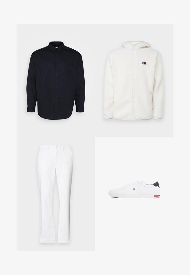 Hvit fleece zip-up hettejakke med myk tekstur, har hette og sidelommer. Liten logo på venstre bryst. Glatt glidelås-lukking.; Pier One Button down-skjorte - black; Hvite bomullsbukser med rett ben-design, frontlommer, enkelt knappelukking og en jevn tekstur.; Hvite lave sneakers laget av glatt lær. Har en marineblå hælhette og en rød detalj på sålen. Seks hull til lisser.