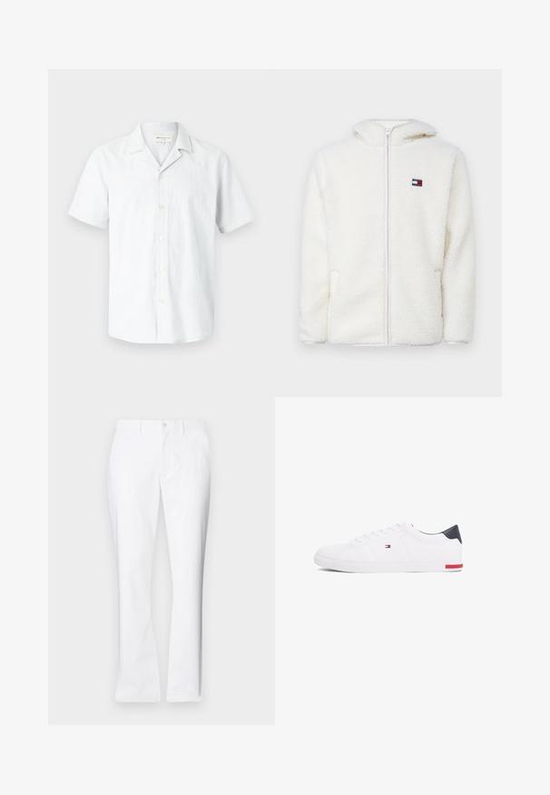 Bijela dukserica sa patentnim zatvaračem od flisa s mekom teksturom, koja ima kapuljaču i bočne džepove. Mali logo na lijevoj strani prsnog koša. Glatko zatvaranje s patentnim zatvaračem.; Siva košulja s kratkim rukavima, od lagane mješavine lana, s kragnom za kampiranje i šest dugmadi sprijeda, glatke teksture.; Bijele pamučne hlače ravnog kroja, s prednjim džepovima, jednim gumbom za zatvaranje i glatkom teksturom.; Bijele niske tenisice od glatke kože. Imaju mornarsko plavi kapica na peti i crvenu akciju na potplatu. Šest rupica za vezivanje.