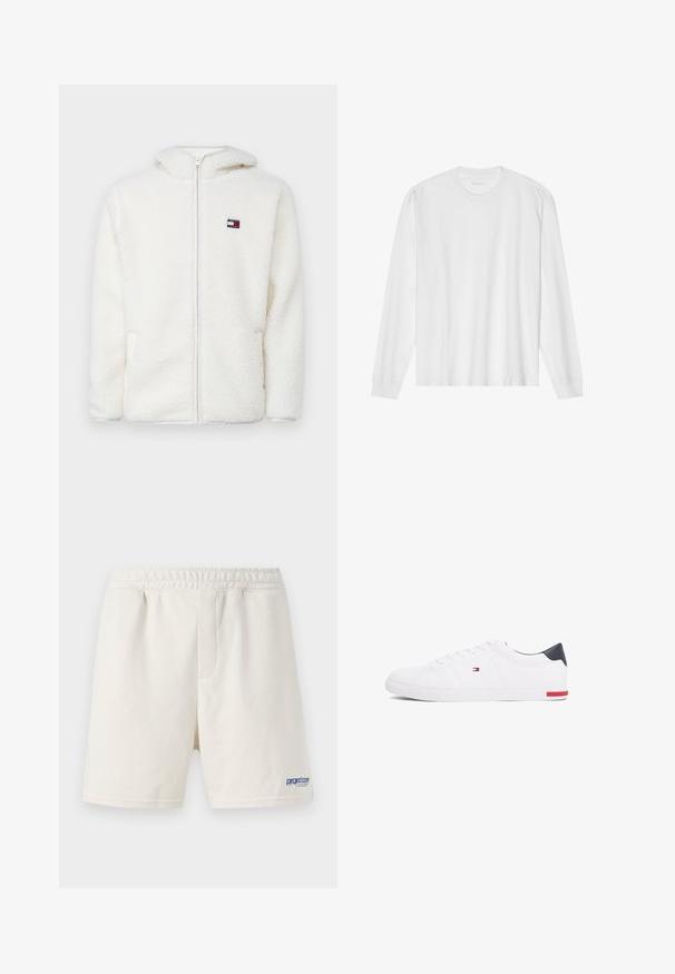 Witte fleece zip-up hoodie met een zachte textuur, voorzien van een capuchon en zijzakken. Klein logo op de linkerkant van de borst. Glad rits sluiting.; Wit katoenen t-shirt met lange mouwen, ronde hals en geribbelde manchetten. Eenvoudig, onopgesmukt ontwerp met een gladde textuur en een standaard pasvorm.; Crème-kleurige shorts van een zachte katoenmix, met een elastische tailleband en een blauw logo aan de onderzijde van de linkerzijde.; Witte lage sneakers gemaakt van glad leer. Beschikt over een marineblauwe hielkap en een rode accent op de zool. Zes oogjes voor veters.