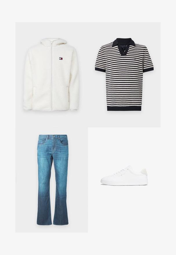 Witte fleece zip-up hoodie met een zachte textuur, voorzien van een capuchon en zijzakken. Klein logo op de linkerkant van de borst. Glad rits sluiting.; Gestreepte polo in navy en crème met korte mouwen, voorzien van een V-hals, geribbelde kraag en logo-detail op de borst. Getextureerde gebreide stof.; Mid-blue gewassen denim jeans met een lichte flare aan de onderkant, klassieke vijf-pocket ontwerp, en een sluiting met knoop en rits aan de voorkant.; Witte sneaker met een glad leren bovenwerk, ronde neus, platte zool en een minimalistisch ontwerp. Voorzien van subtiele branding en een beige accent op de hak.