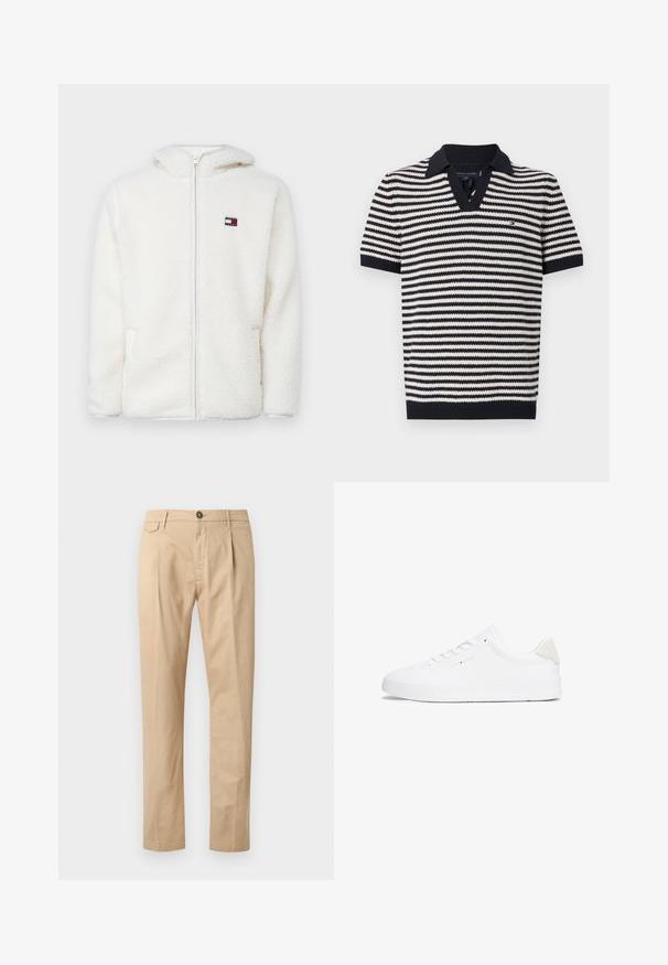 White fleece zip-up hoodie with a soft texture, featuring a hood and side pockets. Small logo on the left chest. Smooth zip closure.; Striped short-sleeve polo shirt in navy and cream, featuring a V-neck, ribbed collar, and logo detail on the chest. Textured knit fabric.; Men's straight-leg beige cotton pants with front pockets, belt loops, button closure, and zip fly on a white background.; White sneaker with a smooth leather upper, round toe, flat sole, and minimalistic design. Features subtle branding and a beige accent at the heel.