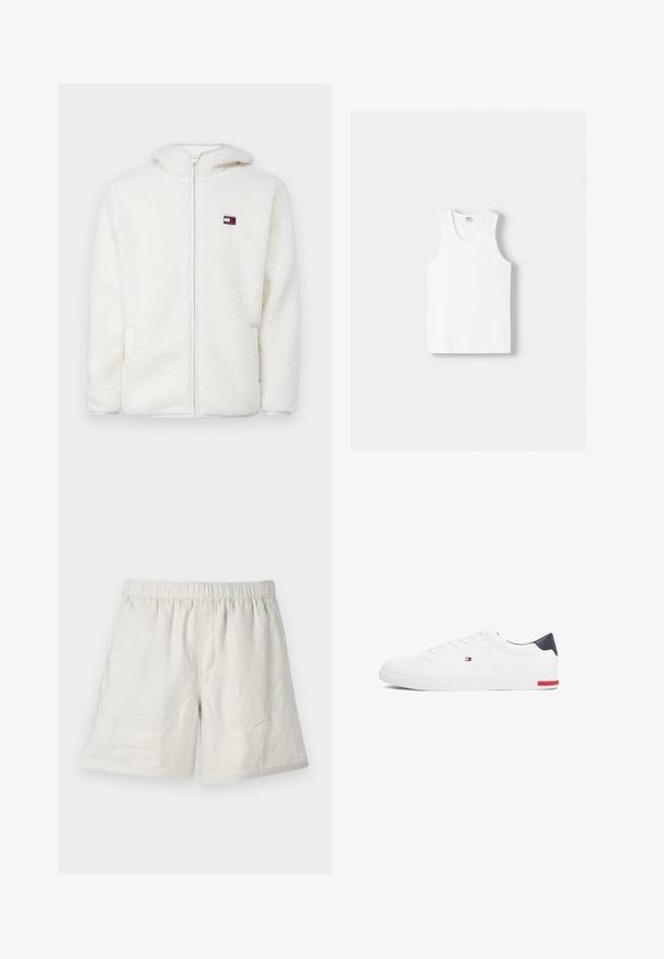 Biely fleecový zipsový mikina s jemnou textúrou, s kapucňou a bočnými vreckami. Malé logo na ľavej hrudi. Hladký zipsový uzáver.; Biely bavlnený tielko s okrúhlym výstrihom, širokými ramennými popruhmi a rovnom spodným lemom, ktoré má hladkú textúru a žiadne viditeľné vzory.; Svetlé béžové ľanové šortky s elastickým pásom, ktoré majú voľný strih a minimálne švy pre jednoduchý, každodenný dizajn.; Biele nízkoprevádzkové tenisky vyrobené z hladkej kože. Majú námornícke zadočnú časť a červený akcent na podrážke. Šesť dierok na šnúrky.