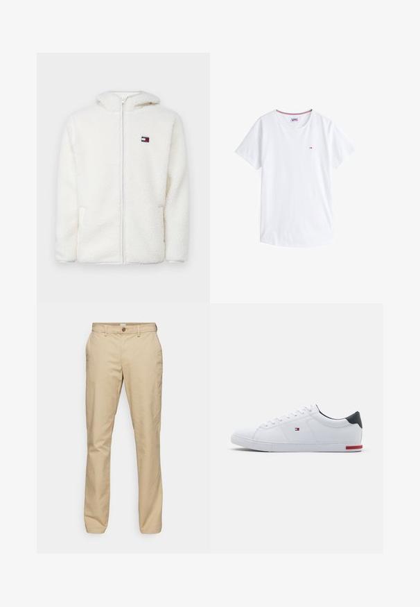 Hvit fleece zip-up hettejakke med myk tekstur, har hette og sidelommer. Liten logo på venstre bryst. Glatt glidelås-lukking.; Hvit t-skjorte med korte ermer laget av myk bomull. Har en rund halslinning og en liten logo på venstre bryst med røde og blå detaljer.; Beige bukser laget av bomull, med rett ben-design, to sidelommer, en enkelt knappelukking og oppbrettede sømmer.; Hvit lær sneakers med en glatt tekstur, rund tå, snøredesign og en liten marineblå hæl med et rødt detalj på sålen.