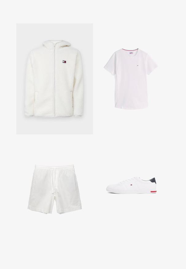 Hanorac alb din fleece, cu fermoar, având o textură moale, cu glugă și buzunare laterale. Logo mic pe pieptul stâng. Închidere cu fermoar neted.; Tricou alb cu mânecă scurtă și guler rotund, cu logo mic Tommy Hilfiger pe piept și margine roșie, albă și albastră în interiorul gulerului.; Șorturi albe din bumbac, cu talie elastică și șnur, buzunare laterale și croială dreaptă cu tiv terminat.; Adidași albi cu vârf jos, din piele netedă. Prezintă un toc albastru marine și un accent roșu pe talpă. Șase gauri pentru șireturi.