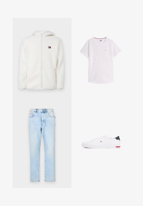 Sêda branca com fecho éclair, com uma textura suave, apresentando capuz e bolsos laterais. Pequeno logótipo no lado esquerdo do peito. Fecho éclair suave.; T-shirt branca de manga curta com decote redondo e pequeno logótipo Tommy Hilfiger no peito, com acabamento em vermelho, branco e azul no interior da gola.; Jeans de ganga azul claro com um design de perna reta, textura desbotada e estilo tradicional de cinco bolsos. Fecho frontal com zíper e botão.; Sapatilhas brancas de cano baixo feitas de couro liso. Apresentam um bico azul-marinho e um detalhe vermelho na sola. Seis ilhoses para os atacadores.