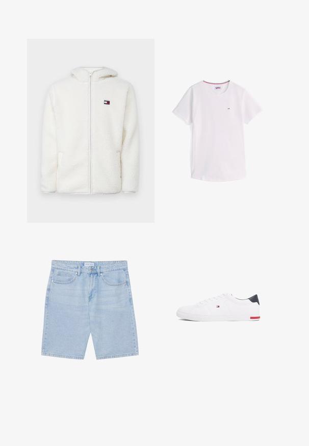 Bílá fleecová mikina na zip s měkkou texturou, obsahující kapuci a postranní kapsy. Malé logo na levém prsu. Hladký zip.; Bílé tričko s krátkým rukávem a kulatým výstřihem s malým logem Tommy Hilfiger na hrudi a červeno-bílo-modrým lemováním uvnitř límce.; Světle modré džíny šortky s rovný střih, které mají přední kapsy, zapínání na knoflík a vybledlý vzhled. Klasický střih s pěti kapsami.; Bílé nízké tenisky vyrobené z hladké kůže. Mají tmavě modrý opatek a červený akcent na podrážce. Šest ok pro tkaničky.