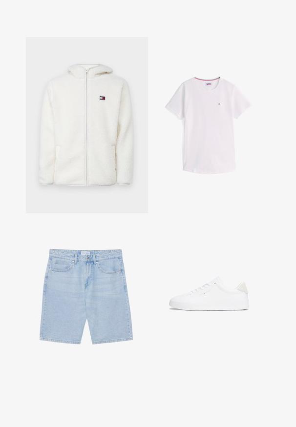 Fehér bolyhos zipzáras kapucnis pulóver, puha tapintással, kapucnival és oldalsó zsebekkel. Kis logó a bal mellen. Sima zipzáras záródás.; Fehér rövid ujjú, kerek nyakú póló kis Tommy Hilfiger logóval a mellkason, piros, fehér és kék szegéllyel a nyak belső részén.; Világoskék farmer rövidnadrág egyenes szabással, elülső zsebekkel, gombos záródással és kopottas hatással. Klasszikus öt-zsebes dizájn.; Fehér sportcipő sima bőrből készült felsőrésszel, kerek orral, lapos talppal és minimalista dizájnnal. Diszkrét márkázással és bézs akcentussal a saroknál rendelkezik.