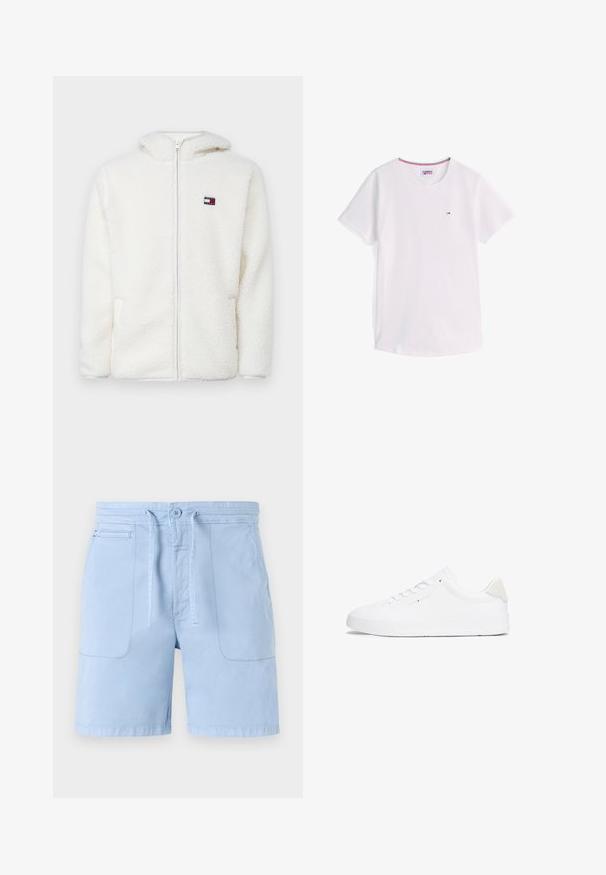 Hvit fleece zip-up hettejakke med myk tekstur, har hette og sidelommer. Liten logo på venstre bryst. Glatt glidelås-lukking.; Hvit T-skjorte med korte ermer og rund hals, med liten Tommy Hilfiger-logo på brystet og rød, hvit og blå kant innvendig i kragen.; Lys blå shorts laget av bomull, med strikk i livet, to frontlommer og en jevn tekstur. Enkel design med minimale detaljer.; Hvite sneakers med en glatt lær-overdel, rund tå, flat såle og minimalistisk design. Har diskret merkevare og en beige aksent ved hælen.
