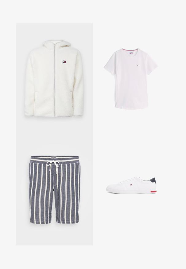 Weißer Fleece-Zip-Hoodie mit weicher Textur, ausgestattet mit einer Kapuze und seitlichen Taschen. Kleines Logo auf der linken Brust. Glatte Reißverschlussöffnung.; Weißes T-Shirt mit kurzen Ärmeln und Rundhalsausschnitt, mit kleinem Tommy Hilfiger-Logo auf der Brust und rotem, weißem und blauem Besatz im Kragen innen.; Blaue und weiße gestreifte Shorts aus strukturiertem Stoff, mit einem elastischen Bund und Kordelzug. Die Länge reicht bis zur Mitte des Oberschenkels.; Weißes Low-Top-Sneaker aus glattem Leder. Mit einem marineblauen Fersenstück und einem roten Akzent an der Sohle. Sechs Ösen für die Schnürsenkel.