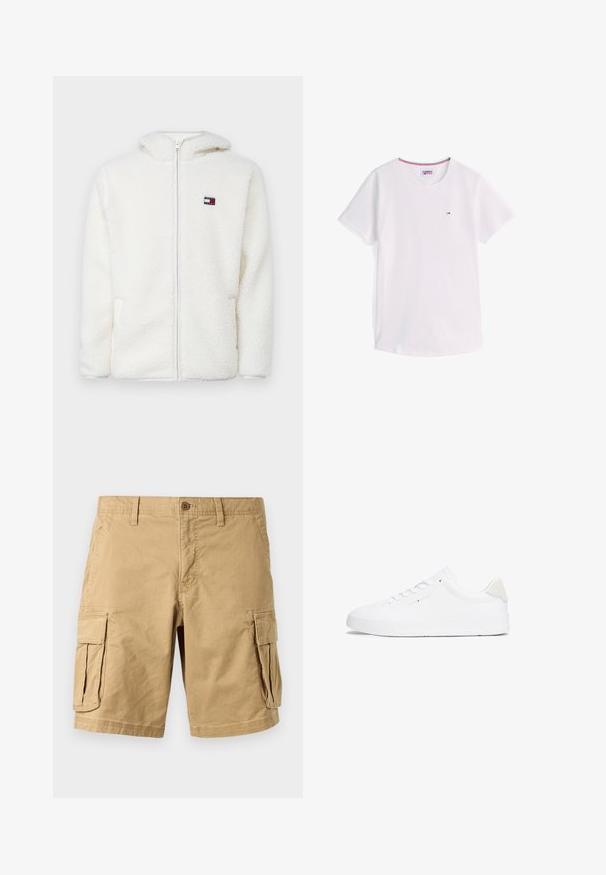 White fleece zip-up hoodie with a soft texture, featuring a hood and side pockets. Small logo on the left chest. Smooth zip closure.; White short-sleeve crew neck T-shirt with small Tommy Hilfiger logo on chest and red, white, and blue trim inside collar.; Beige cargo shorts made of lightweight cotton, featuring two large side pockets, a button closure, and belt loops. Smooth texture.; White sneaker with a smooth leather upper, round toe, flat sole, and minimalistic design. Features subtle branding and a beige accent at the heel.