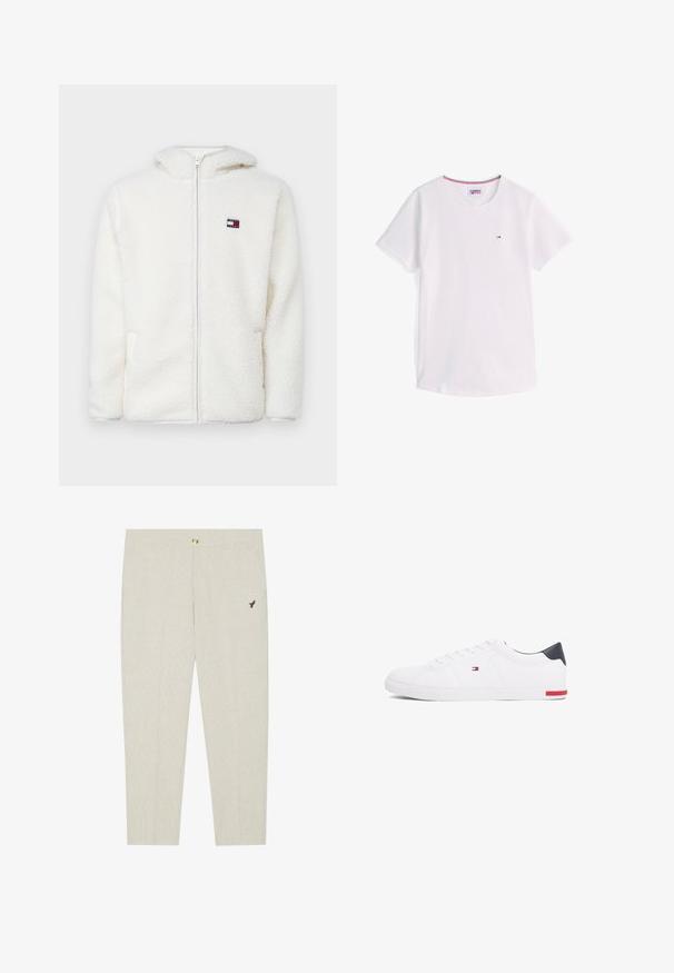 White fleece zip-up hoodie with a soft texture, featuring a hood and side pockets. Small logo on the left chest. Smooth zip closure.; White short-sleeve crew neck T-shirt with small Tommy Hilfiger logo on chest and red, white, and blue trim inside collar.; Light beige tailored trousers with subtle texture, featuring a button closure and an embroidered dark emblem near the pocket.; White low-top sneakers made of smooth leather. Features a navy heel cap and a red accent on the sole. Six eyelets for laces.