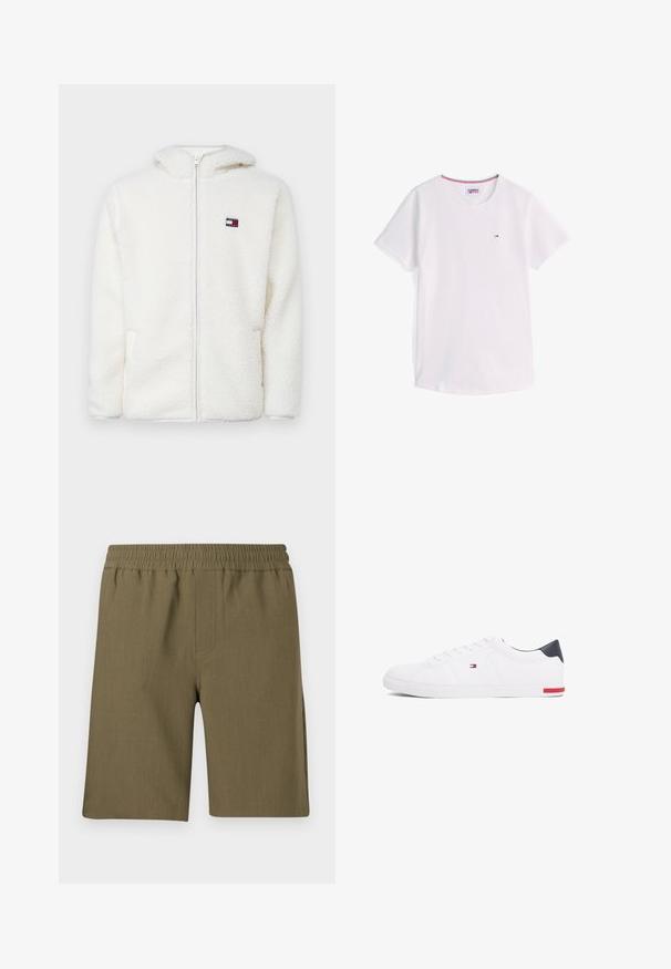 Valge fliist kapuutsiga jaki siredas tekstuuris, mis sisaldab kapuutsi ja küljetaskuid. Väike logo vasakul rinnal. Sile lukuga sulgemine.; Valge lühikeste varrukatega ümar-kaelusega T-särk, millel on väikene Tommy Hilfigeri logo rinnal ning krae sees punane, valge ja sinine ääris.; Samsøe Samsøe SMITH - Lühikesed püksid - four leaf clover; Valged madalad tennisetossud, mis on valmistatud siledast nahast. Contains sinine kannaosa ja punase aktsendi kummipohjal. Kuus silmust paelte jaoks.