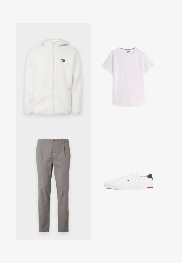Valkoinen fleece-zip-up-huppari pehmeällä tekstuurilla, jossa on huppu ja sivutaskut. Pieni logo vasemmassa rinnassa. Sujuva vetoketjusulku.; Valkoinen lyhythihainen T-paita pyöreällä kaula-aukolla, jossa pieni Tommy Hilfiger -logo rinnassa ja kauluksen sisäpuolella punainen, valkoinen ja sininen koristereuna.; Harmaat puuvillahousut suoran lahkeen muotoilulla, varustettu napilla kiinnityksellä, pleeteillä ja sivutaskuilla. Silkkinen pinta vähäisellä yksityiskohtaisuudella.; Valkoiset matalat tennarit, joissa on sileä nahka. Ominaisuuksiin kuuluu laivastonsininen kantapää ja punainen yksityiskohta pohjassa. Kuusi reikää nauhoille.