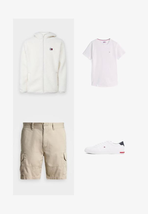 Bílá fleecová mikina na zip s měkkou texturou, obsahující kapuci a postranní kapsy. Malé logo na levém prsu. Hladký zip.; Bílé tričko s krátkým rukávem a kulatým výstřihem s malým logem Tommy Hilfiger na hrudi a červeno-bílo-modrým lemováním uvnitř límce.; Béžové cargo šortky vyrobené z bavlny, s vícero kapsami, knoflíkovým zapínáním a prošívanými detaily podél pásu a švů.; Bílé nízké tenisky vyrobené z hladké kůže. Mají tmavě modrý opatek a červený akcent na podrážce. Šest ok pro tkaničky.
