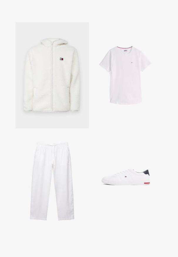 Weißer Fleece-Zip-Hoodie mit weicher Textur, ausgestattet mit einer Kapuze und seitlichen Taschen. Kleines Logo auf der linken Brust. Glatte Reißverschlussöffnung.; Weißes T-Shirt mit kurzen Ärmeln und Rundhalsausschnitt, mit kleinem Tommy Hilfiger-Logo auf der Brust und rotem, weißem und blauem Besatz im Kragen innen.; Weiße, locker sitzende Hose aus leichtem Stoff. Verfügt über einen elastischen Bund mit Kordelzug und zwei Seitentaschen.; Weißes Low-Top-Sneaker aus glattem Leder. Mit einem marineblauen Fersenstück und einem roten Akzent an der Sohle. Sechs Ösen für die Schnürsenkel.