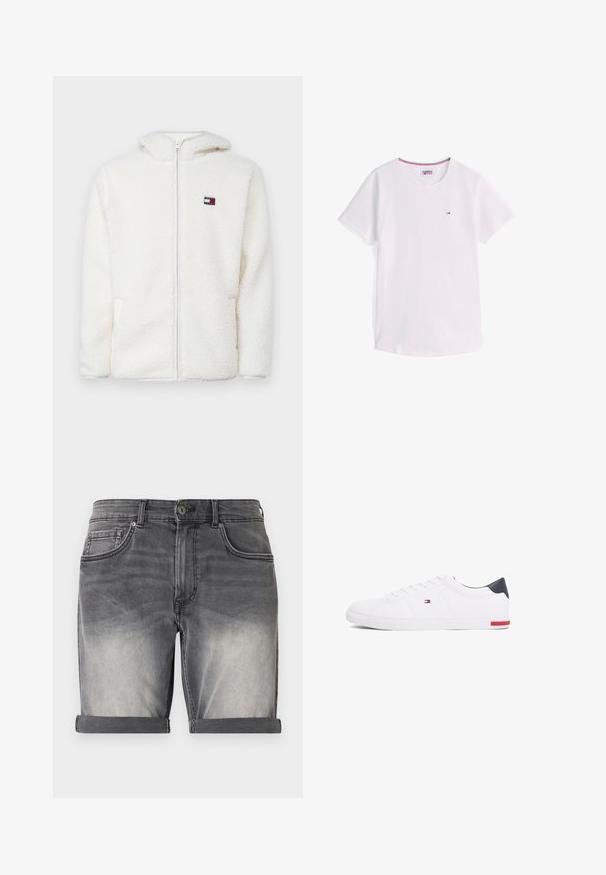 Sweat à capuche zippé en polaire blanche avec une texture douce, doté d'une capuche et de poches latérales. Petit logo sur la poitrine gauche. Fermeture éclair lisse.; T-shirt blanc à manches courtes et col rond avec petit logo Tommy Hilfiger sur la poitrine et bordure rouge, blanche et bleue à l'intérieur du col.; Shorts en denim noir délavé avec un ourlet retroussé, comportant cinq poches et un léger effet délavé à l'avant. Fermeture classique à boutons.; Baskets basses blanches en cuir lisse. Dotées d'un talon en bleu marine et d'un accent rouge sur la semelle. Six œillets pour les lacets.