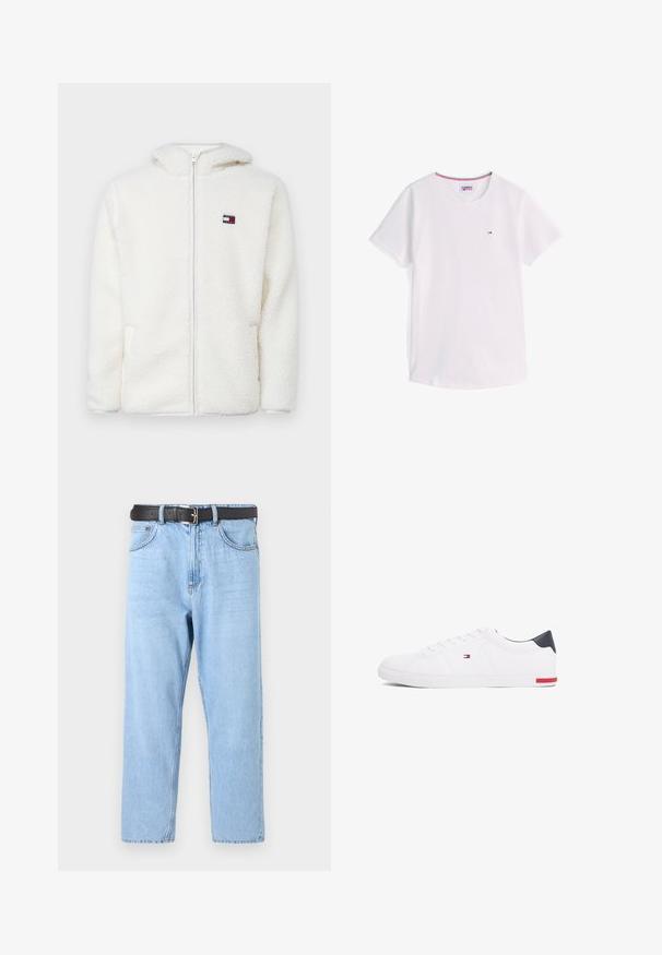 Bela flis zip-up kapuca z mehkim teksturama, ki vključuje kapuco in stranske žepe. Majhna znamka na levem prsnem delu. Gladek zadrgo.; Bela kratka majica z okroglim izrezom in kratkimi rokavi, z majhnim logotipom Tommy Hilfiger na prsih ter rdečim, belim in modrim trakom znotraj ovratnika.; Svijetloplavi traperice s ravnim nogavicama. Imaju crni pojas sa srebrnom kopčom, vidljivo šivanje i klasičan stil s pet džepova.; Beli nizki športni čevlji iz gladkega usnja. Imajo mornarsko modro zaščito na peti in rdeč poudarek na podplatu. Šest lukenj za vezalke.