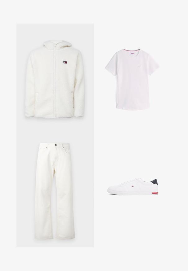 White fleece zip-up hoodie with a soft texture, featuring a hood and side pockets. Small logo on the left chest. Smooth zip closure.; White short-sleeve crew neck T-shirt with small Tommy Hilfiger logo on chest and red, white, and blue trim inside collar.; White flared jeans made of denim, featuring a standard waistband, front pockets, and a button closure. Textured fabric with a clean finish.; White low-top sneakers made of smooth leather. Features a navy heel cap and a red accent on the sole. Six eyelets for laces.