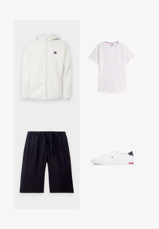 Weißer Fleece-Zip-Hoodie mit weicher Textur, ausgestattet mit einer Kapuze und seitlichen Taschen. Kleines Logo auf der linken Brust. Glatte Reißverschlussöffnung.; Weißes T-Shirt mit kurzen Ärmeln und Rundhalsausschnitt, mit kleinem Tommy Hilfiger-Logo auf der Brust und rotem, weißem und blauem Besatz im Kragen innen.; Schwarze, knielange Shorts aus leichtem Stoff. Mit einem elastischen Bund und Kordelzug sowie einer glatten Oberfläche. Einfaches Design.; Weißes Low-Top-Sneaker aus glattem Leder. Mit einem marineblauen Fersenstück und einem roten Akzent an der Sohle. Sechs Ösen für die Schnürsenkel.