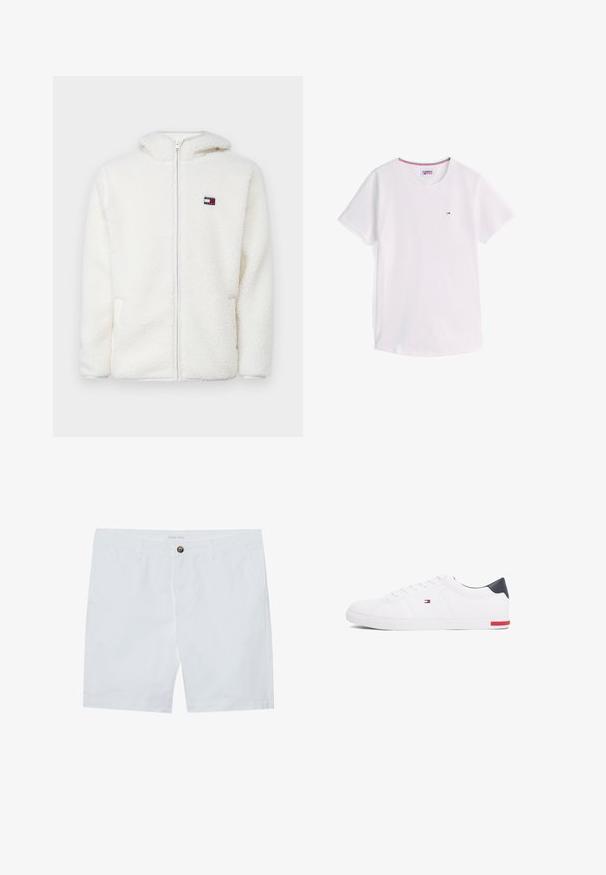 Λευκό φλις hoodie με φερμουάρ και απαλή υφή, διαθέτοντας κουκούλα και πλαϊνές τσέπες. Μικρό λογότυπο στο αριστερό στήθος. Απαλή κλείσιμο με φερμουάρ.; Λευκό κοντομάνικο T-shirt με στρογγυλή λαιμόκοψη, μικρό λογότυπο Tommy Hilfiger στο στήθος και κόκκινο, λευκό και μπλε τελείωμα στο εσωτερικό του γιακά.; Λευκά βαμβακερά σορτς με κλείσιμο μπροστά με κουμπί, δύο πλαϊνές τσέπες και ίσια γραμμή. Ετικέτα μάρκας "Pier One" στη μέση.; Λευκά χαμηλά αθλητικά παπούτσια από λείο δέρμα. Διαθέτουν ναυτική φάσα στη φτέρνα και κόκκινη λεπτομέρεια στη σόλα. Έχουν έξι θηλιές για κορδόνια.