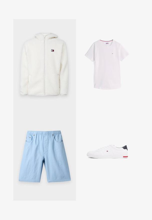 Bijela dukserica sa patentnim zatvaračem od flisa s mekom teksturom, koja ima kapuljaču i bočne džepove. Mali logo na lijevoj strani prsnog koša. Glatko zatvaranje s patentnim zatvaračem.; Bijela majica kratkih rukava s okruglim izrezom i malim logotipom Tommy Hilfiger na prsima te obrubom u crvenoj, bijeloj i plavoj boji unutar ovratnika.; Svijetloplave hlačice s elastičnom gumom u struku, dva prednja džepa i glatka tekstura. Izrađene od mekog materijala, prikladne za svakodnevno nošenje.; Bijele niske tenisice od glatke kože. Imaju mornarsko plavi kapica na peti i crvenu akciju na potplatu. Šest rupica za vezivanje.