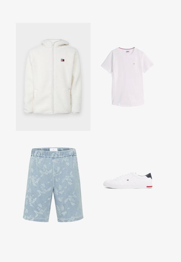 Biely fleecový zipsový mikina s jemnou textúrou, s kapucňou a bočnými vreckami. Malé logo na ľavej hrudi. Hladký zipsový uzáver.; Biele tričko s krátkym rukávom a okrúhlym výstrihom, s malým logom Tommy Hilfiger na hrudi a lemom vo farbách červenej, bielej a modrej vo vnútri goliera.; Svetlomodré denim šortky s jemným kvetinovým vzorom, elastickým pásom a rovnými nohavicami. Žiadne viditeľné vrecká.; Biele nízkoprevádzkové tenisky vyrobené z hladkej kože. Majú námornícke zadočnú časť a červený akcent na podrážke. Šesť dierok na šnúrky.