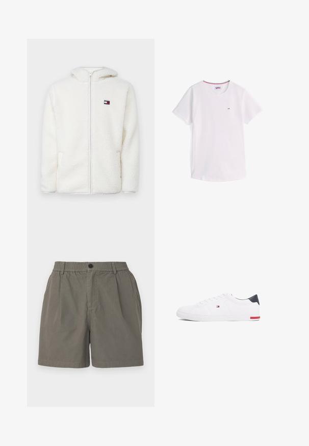 Valge fliist kapuutsiga jaki siredas tekstuuris, mis sisaldab kapuutsi ja küljetaskuid. Väike logo vasakul rinnal. Sile lukuga sulgemine.; Valge lühikeste varrukatega ümar-kaelusega T-särk, millel on väikene Tommy Hilfigeri logo rinnal ning krae sees punane, valge ja sinine ääris.; Khaaki lühikesed püksid, millel on elastne vöökoht, üks nööp sulgemiseks ja kaks küljetaskut. Pehme, kerge kangas üleva tekstuuriga.; Valged madalad tennisetossud, mis on valmistatud siledast nahast. Contains sinine kannaosa ja punase aktsendi kummipohjal. Kuus silmust paelte jaoks.