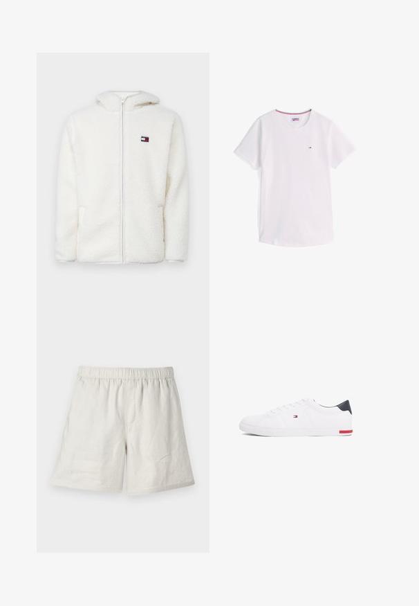 Valge fliist kapuutsiga jaki siredas tekstuuris, mis sisaldab kapuutsi ja küljetaskuid. Väike logo vasakul rinnal. Sile lukuga sulgemine.; Valge lühikeste varrukatega ümar-kaelusega T-särk, millel on väikene Tommy Hilfigeri logo rinnal ning krae sees punane, valge ja sinine ääris.; Heledad beige linane lühikesed püksid, millel on elastne vöökoht, lõdva istuvuse ja minimaalsete õmblustega lihtsa, mugava disaini jaoks.; Valged madalad tennisetossud, mis on valmistatud siledast nahast. Contains sinine kannaosa ja punase aktsendi kummipohjal. Kuus silmust paelte jaoks.