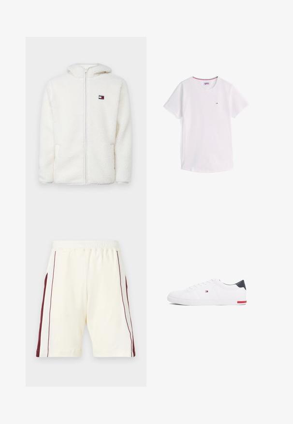Hanorac alb din fleece, cu fermoar, având o textură moale, cu glugă și buzunare laterale. Logo mic pe pieptul stâng. Închidere cu fermoar neted.; Tricou alb cu mânecă scurtă și guler rotund, cu logo mic Tommy Hilfiger pe piept și margine roșie, albă și albastră în interiorul gulerului.; Pantaloni scurți ușori, crem, cu talie elastică, având dungi laterale bordo și o textură netedă, cu margini tivite la picioare.; Adidași albi cu vârf jos, din piele netedă. Prezintă un toc albastru marine și un accent roșu pe talpă. Șase gauri pentru șireturi.