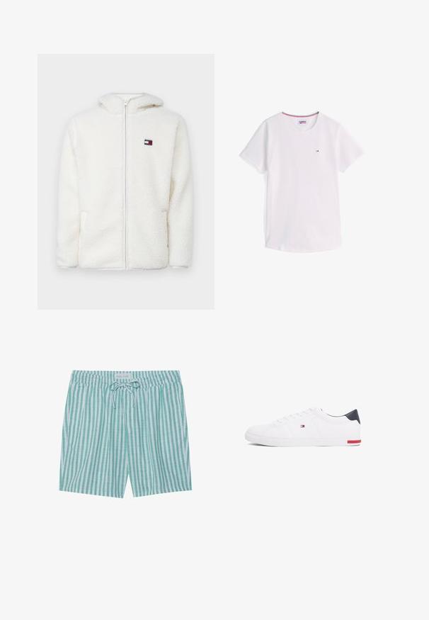 White fleece zip-up hoodie with a soft texture, featuring a hood and side pockets. Small logo on the left chest. Smooth zip closure.; White short-sleeve crew neck T-shirt with small Tommy Hilfiger logo on chest and red, white, and blue trim inside collar.; Striped swim shorts in light green and white. Features an elastic waistband, drawstring closure, and side pockets. Made from lightweight fabric.; White low-top sneakers made of smooth leather. Features a navy heel cap and a red accent on the sole. Six eyelets for laces.