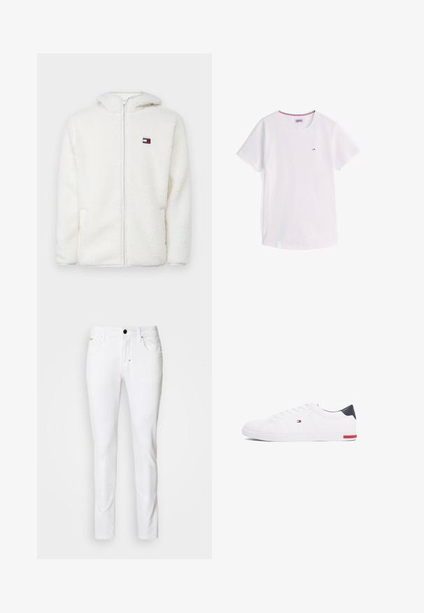 Biely fleecový zipsový mikina s jemnou textúrou, s kapucňou a bočnými vreckami. Malé logo na ľavej hrudi. Hladký zipsový uzáver.; Biele tričko s krátkym rukávom a okrúhlym výstrihom, s malým logom Tommy Hilfiger na hrudi a lemom vo farbách červenej, bielej a modrej vo vnútri goliera.; Biele denimové nohavice so strihom rovného nohu, klasickým päťvreckovým štýlom, kovovým gombíkom na zatváranie a jemnými detailmi prešívania.; Biele nízkoprevádzkové tenisky vyrobené z hladkej kože. Majú námornícke zadočnú časť a červený akcent na podrážke. Šesť dierok na šnúrky.
