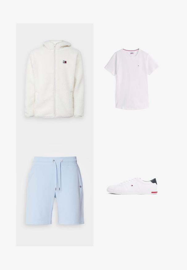 White fleece zip-up hoodie with a soft texture, featuring a hood and side pockets. Small logo on the left chest. Smooth zip closure.; White short-sleeve crew neck T-shirt with small Tommy Hilfiger logo on chest and red, white, and blue trim inside collar.; Light blue shorts made of soft fabric, featuring an elastic waistband with a drawstring and a small logo on the front.; White low-top sneakers made of smooth leather. Features a navy heel cap and a red accent on the sole. Six eyelets for laces.