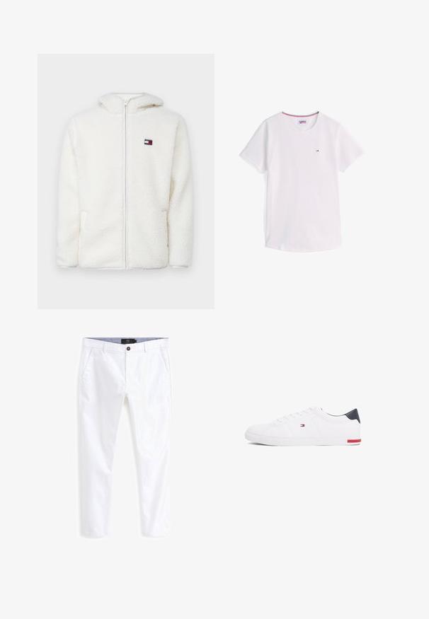 Sweat à capuche zippé en polaire blanche avec une texture douce, doté d'une capuche et de poches latérales. Petit logo sur la poitrine gauche. Fermeture éclair lisse.; T-shirt blanc à manches courtes et col rond avec petit logo Tommy Hilfiger sur la poitrine et bordure rouge, blanche et bleue à l'intérieur du col.; Chinos en coton blanc avec une coupe droite, dotés de deux poches avant, d'une fermeture par bouton et d'un détail contrastant à l'intérieur de la ceinture.; Baskets basses blanches en cuir lisse. Dotées d'un talon en bleu marine et d'un accent rouge sur la semelle. Six œillets pour les lacets.
